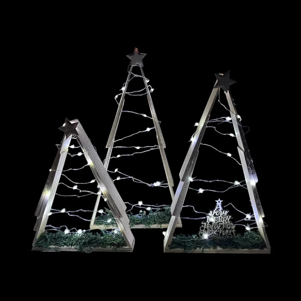 Set of‎ 3 Rustic Wooden Christmas Trees with Lights, 10, 13.5, 15 in. Heights